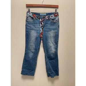 Vintage Too She She Womens Crop Jeans Size 6 Rhinestone Embroidered Belted Boho